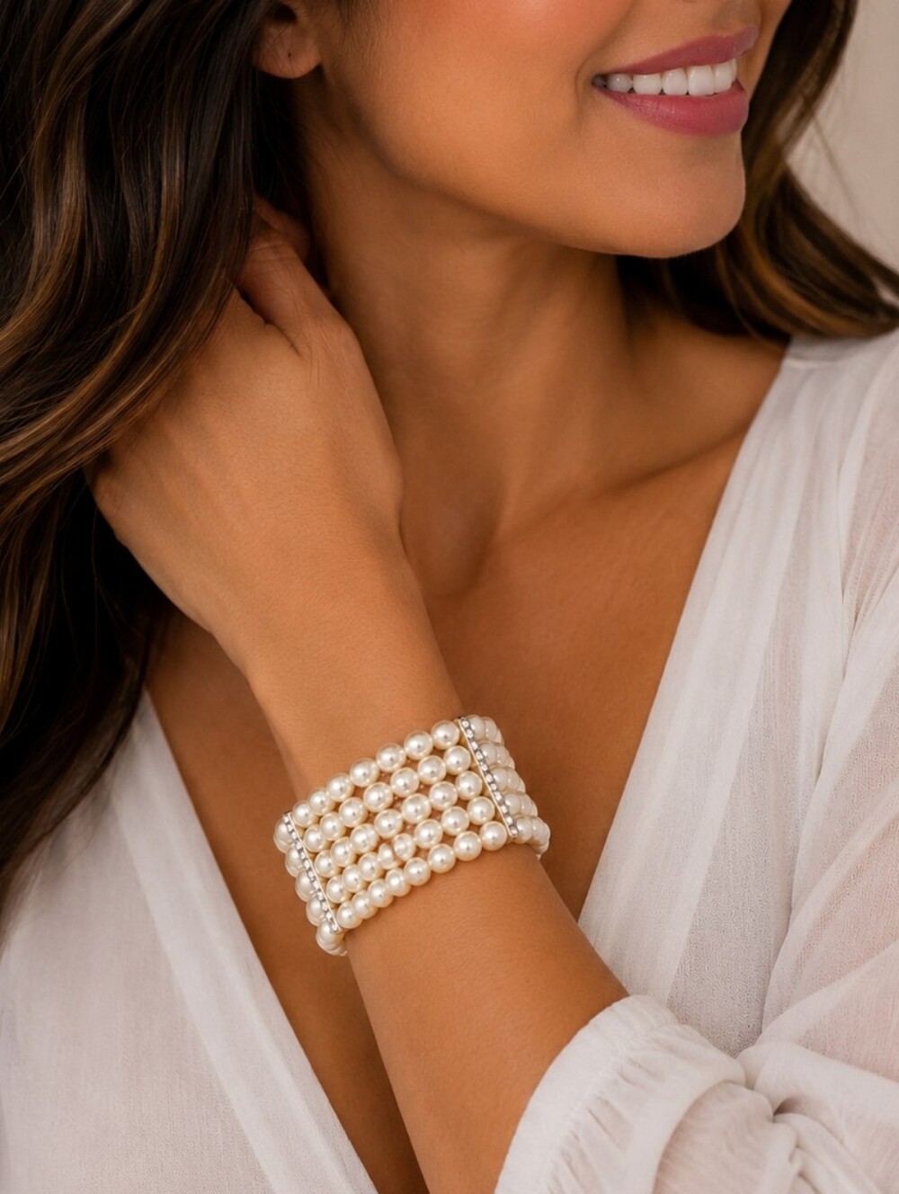 💎Elegant Faux Pearl Stretch Cuff Bracelet Rhinestone Accent Statement Bracelet